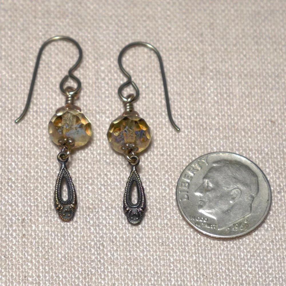 Hand Crafted Handmade Earrings Amber Czech Glass & Brass Petite Dangle E… - Picture 3 of 4